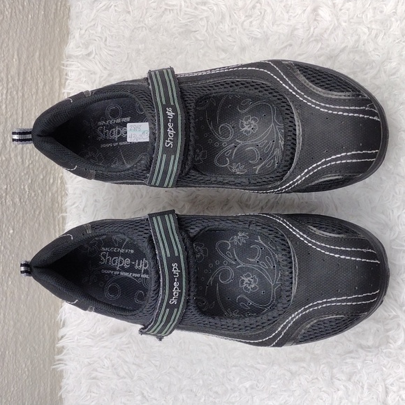 Skechers Shape-Ups Sleek Fit Black Leather Mesh Upper Mary-Jane Wedge Sneaker - Picture 3 of 16